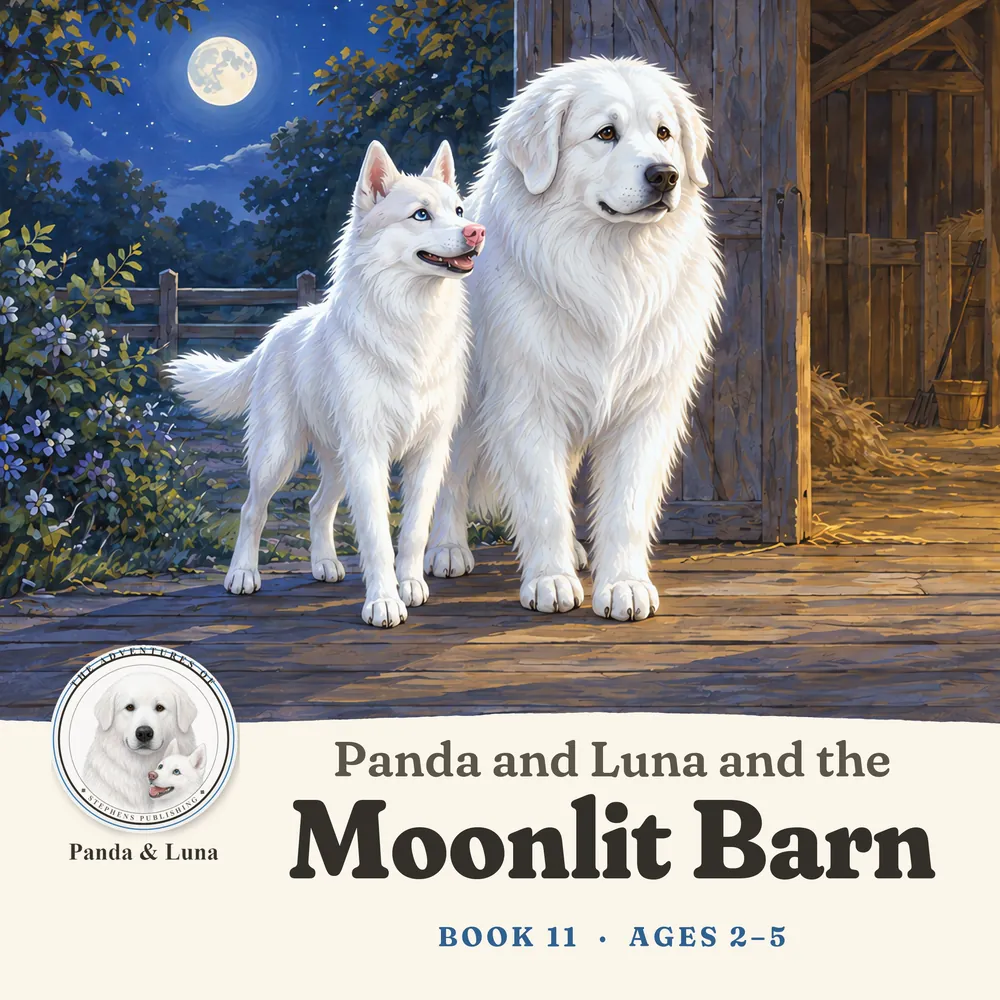 Front cover: Panda and Luna on a moonlit farm path near an old barn.