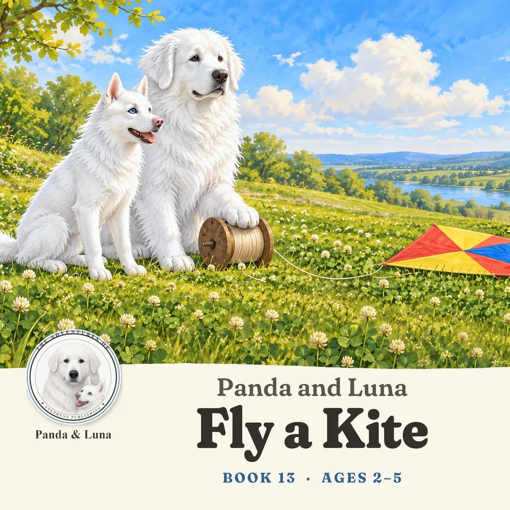 Front cover: Panda and Luna with a bright kite on a breezy clover hill.