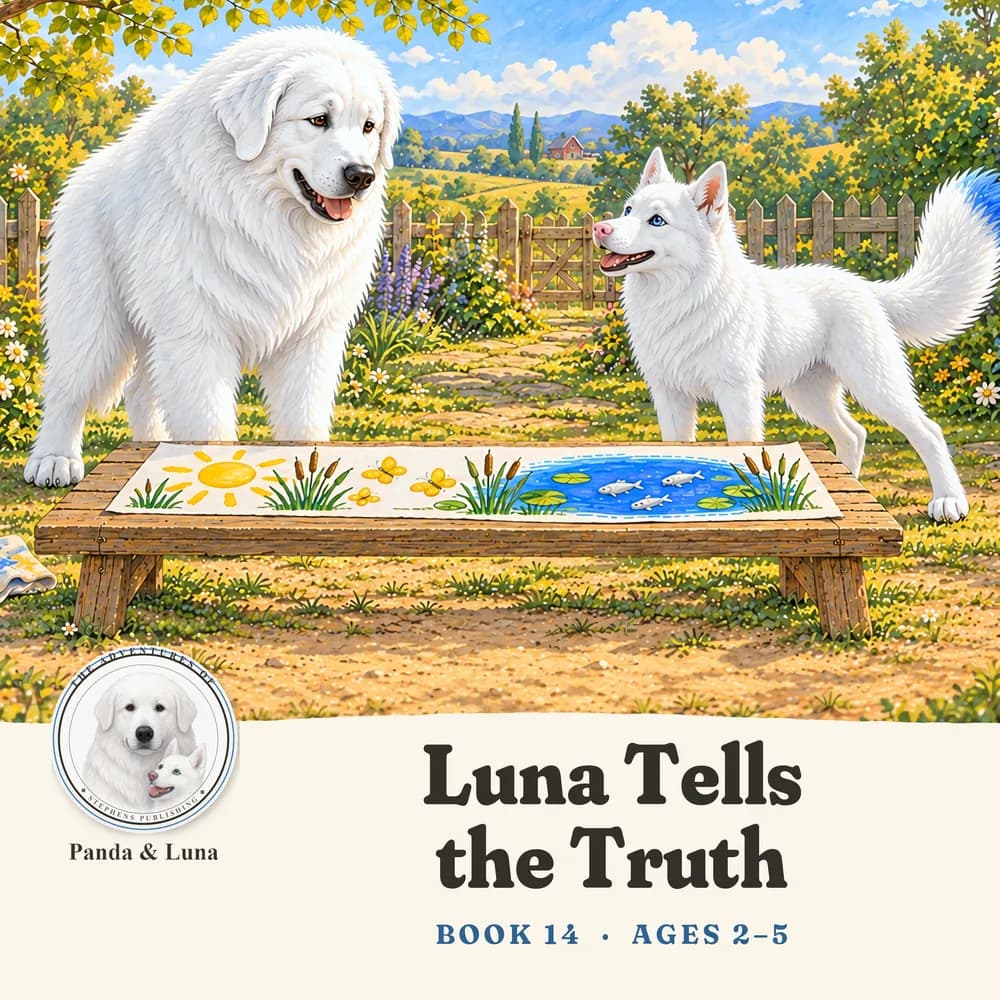 Front cover: Panda and Luna painting together at a long farmyard table.