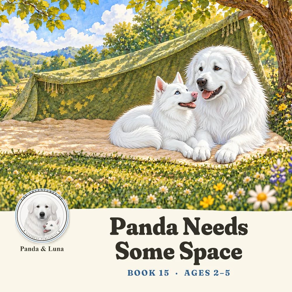 Front cover: Panda and Luna by a blanket fort in a wildflower meadow.