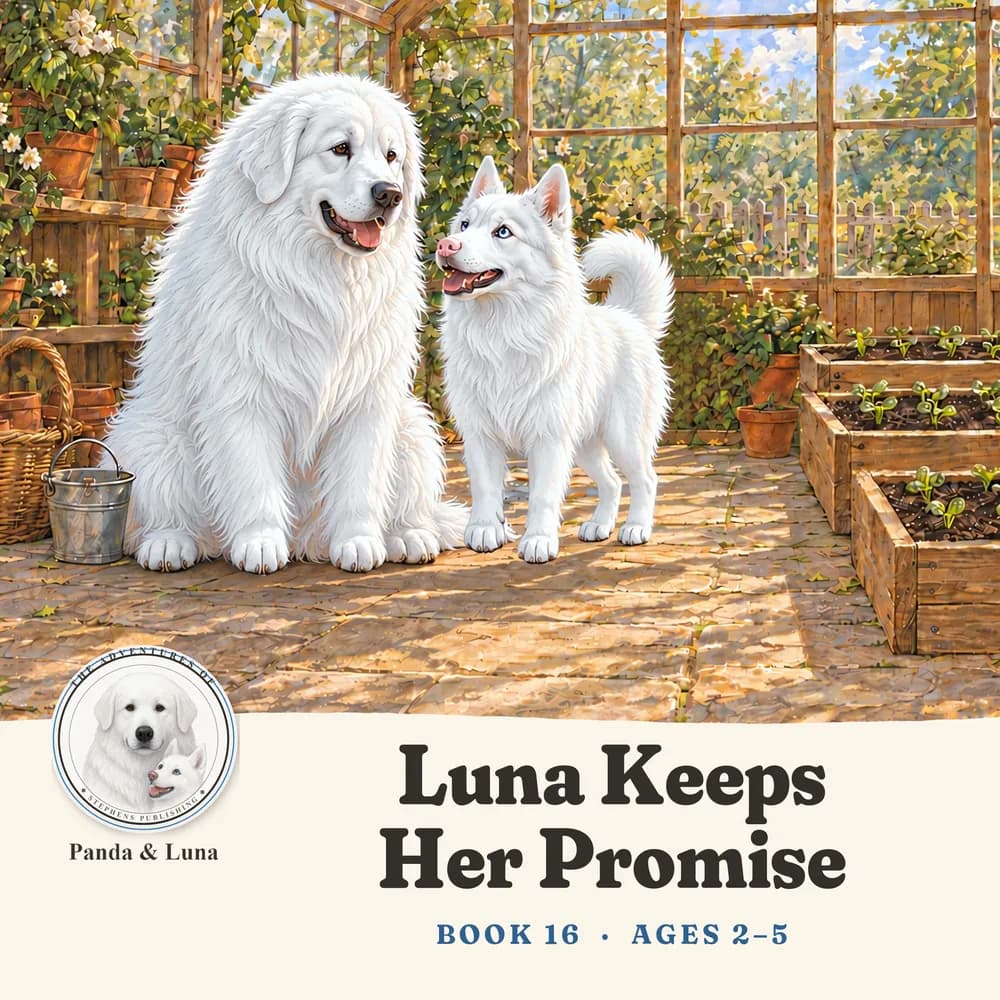 Front cover: Luna with a little water pail in a sunny greenhouse.