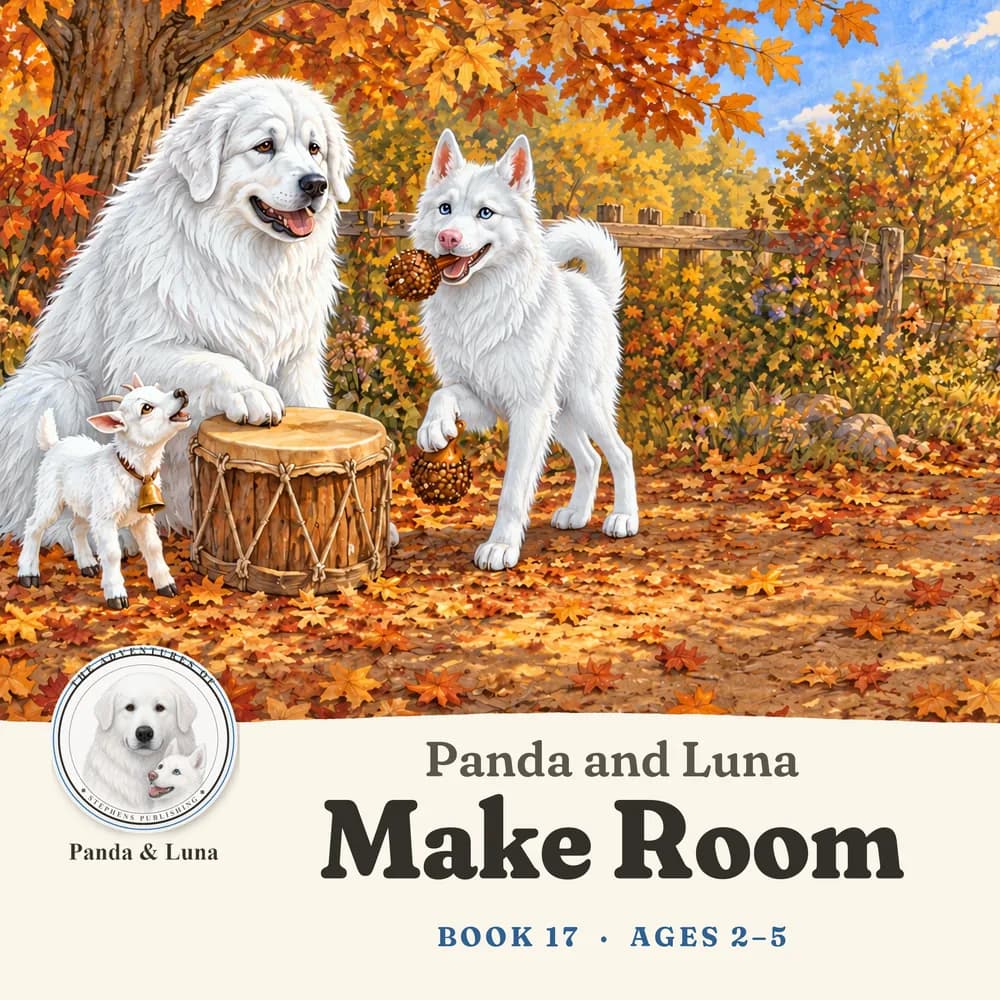Front cover: Panda, Luna, Button, and Tilly in a music circle under autumn trees.