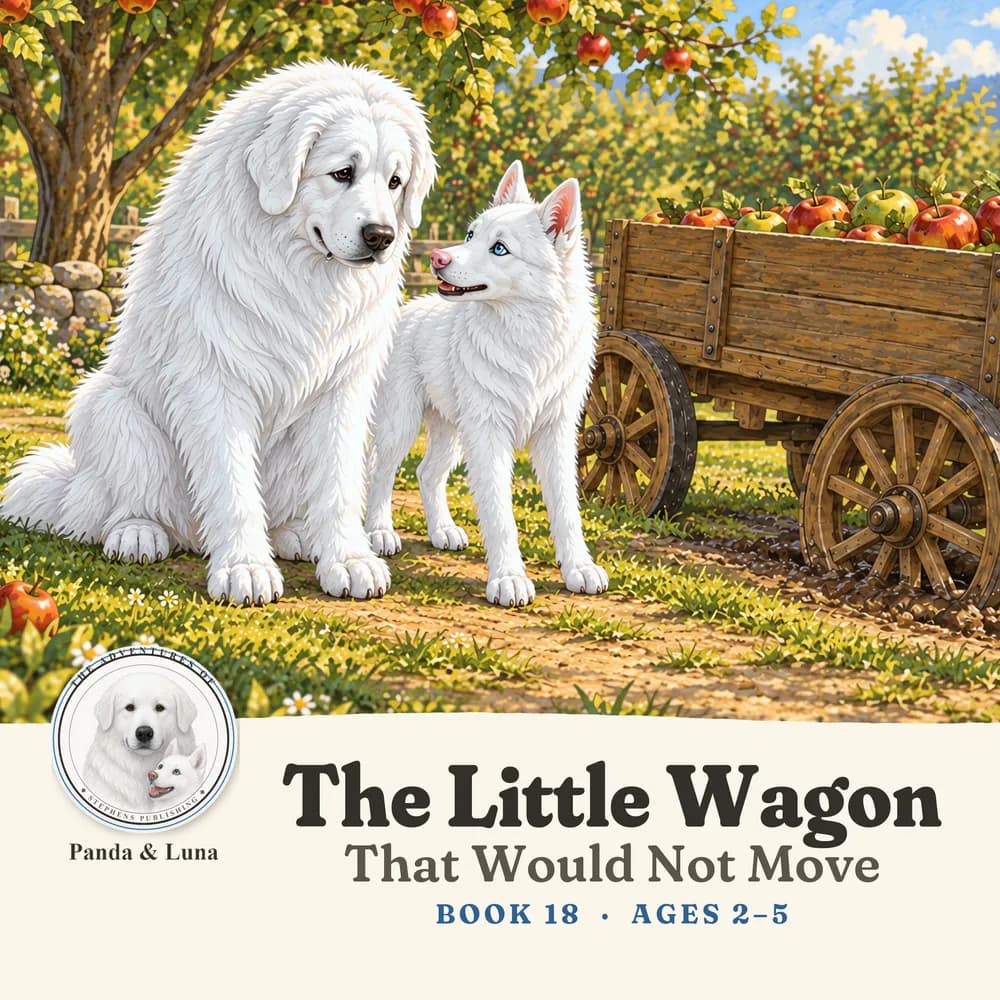 Front cover: Panda and Luna with a little wagon of apples on an orchard lane.