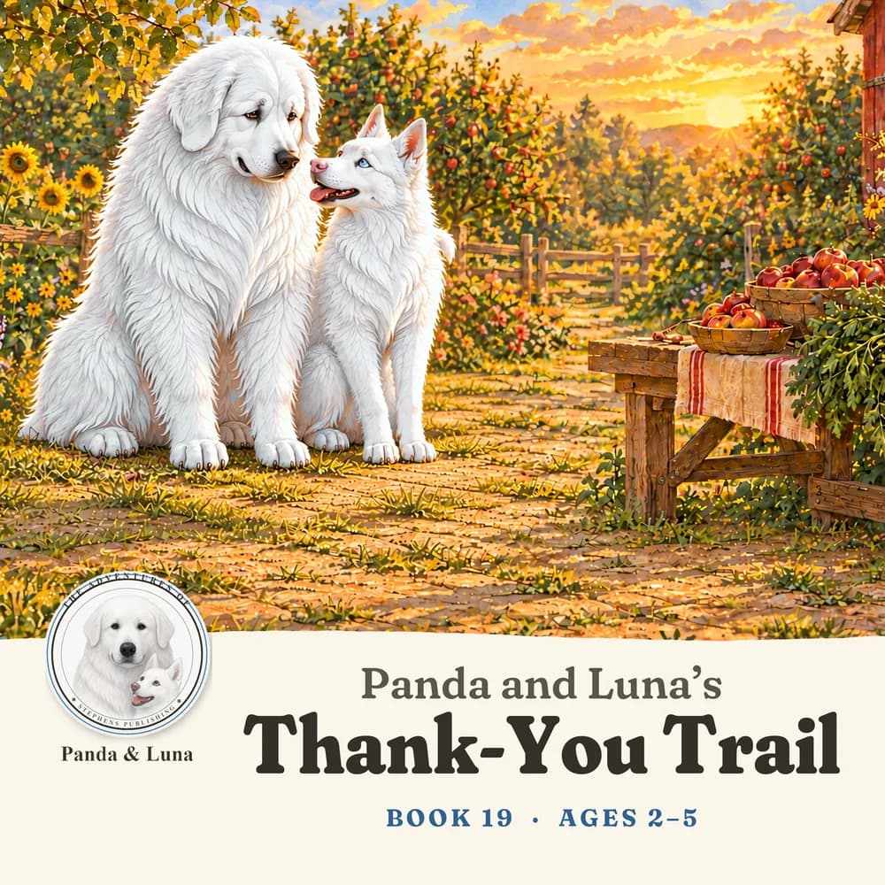 Front cover: Panda and Luna beside a harvest table of apples and sunflowers.