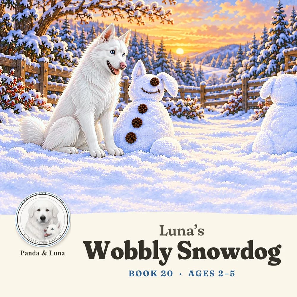 Front cover: Luna beside her leaning snowdog in a snowy farmyard.