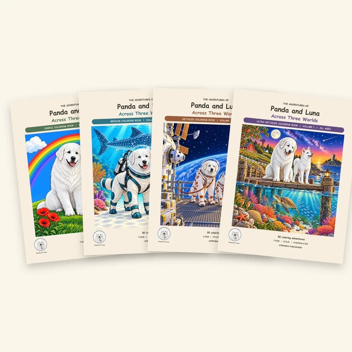 Four Across Three Worlds coloring books, Simple to Ultra Detailed, side by side.