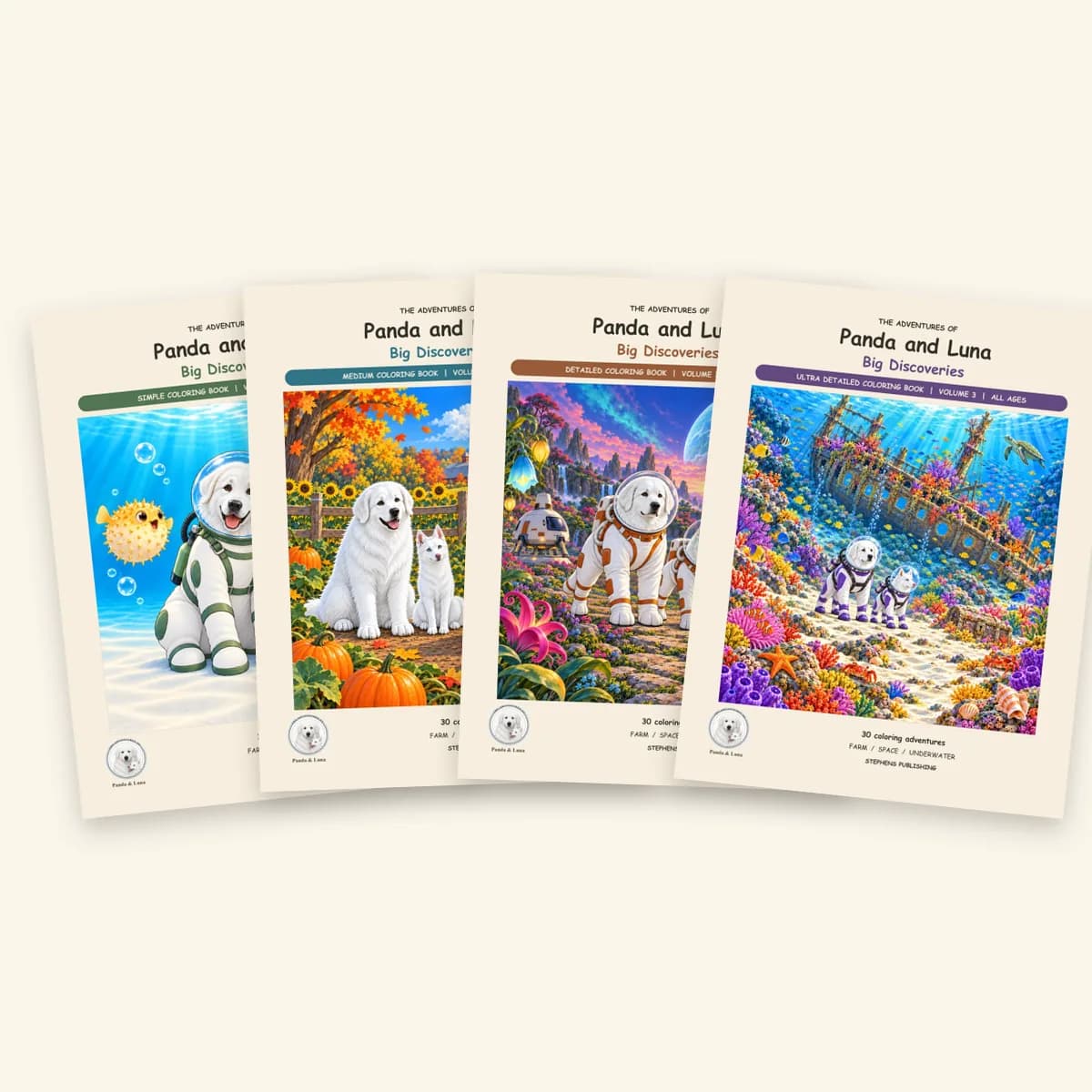 Four Big Discoveries coloring books, Simple to Ultra Detailed, side by side.