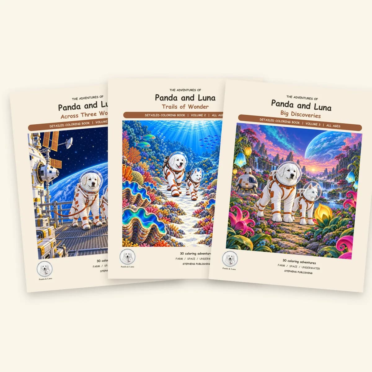 All three Detailed Panda and Luna coloring books, Vols. 1–3, side by side.