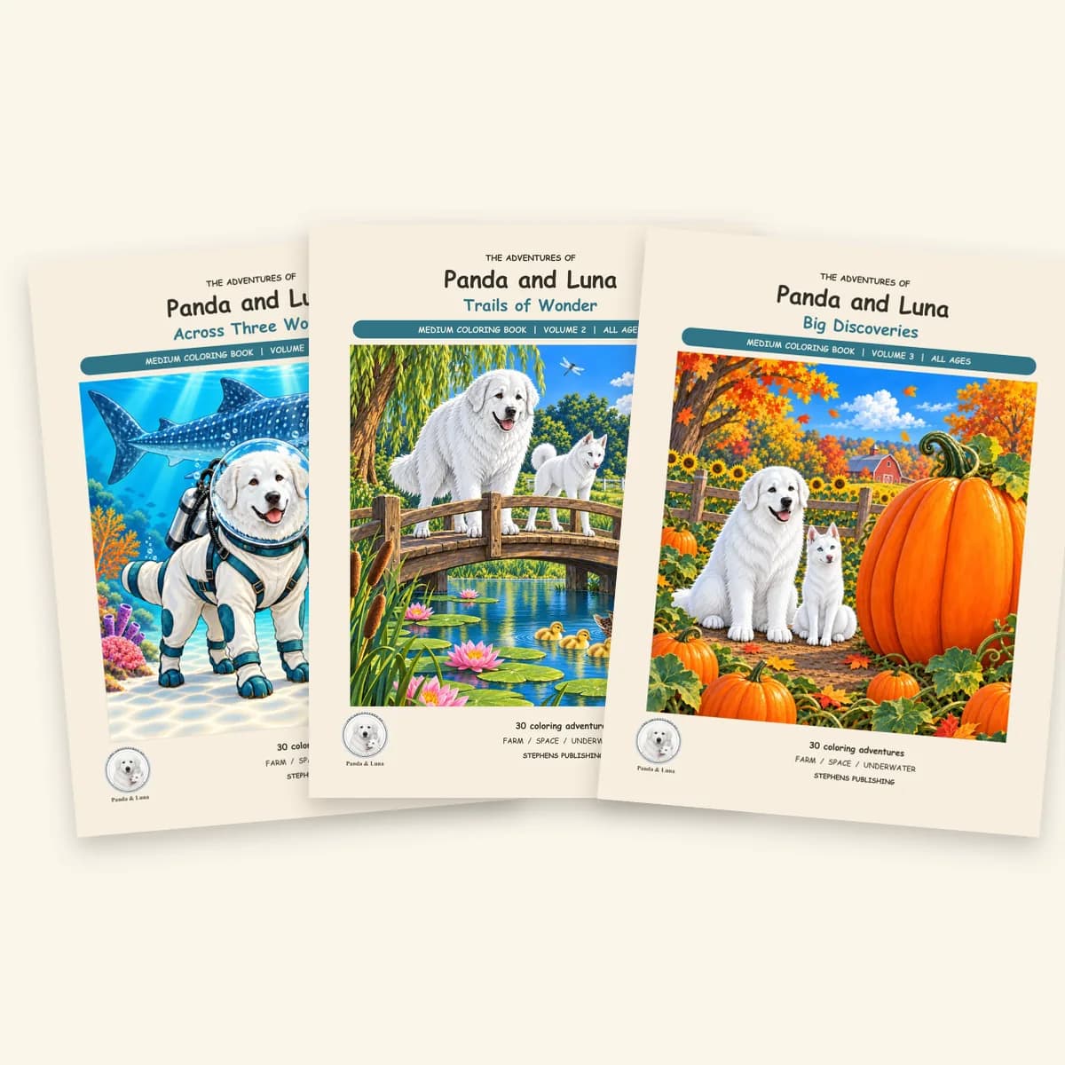 All three Medium Panda and Luna coloring books, Vols. 1–3, side by side.