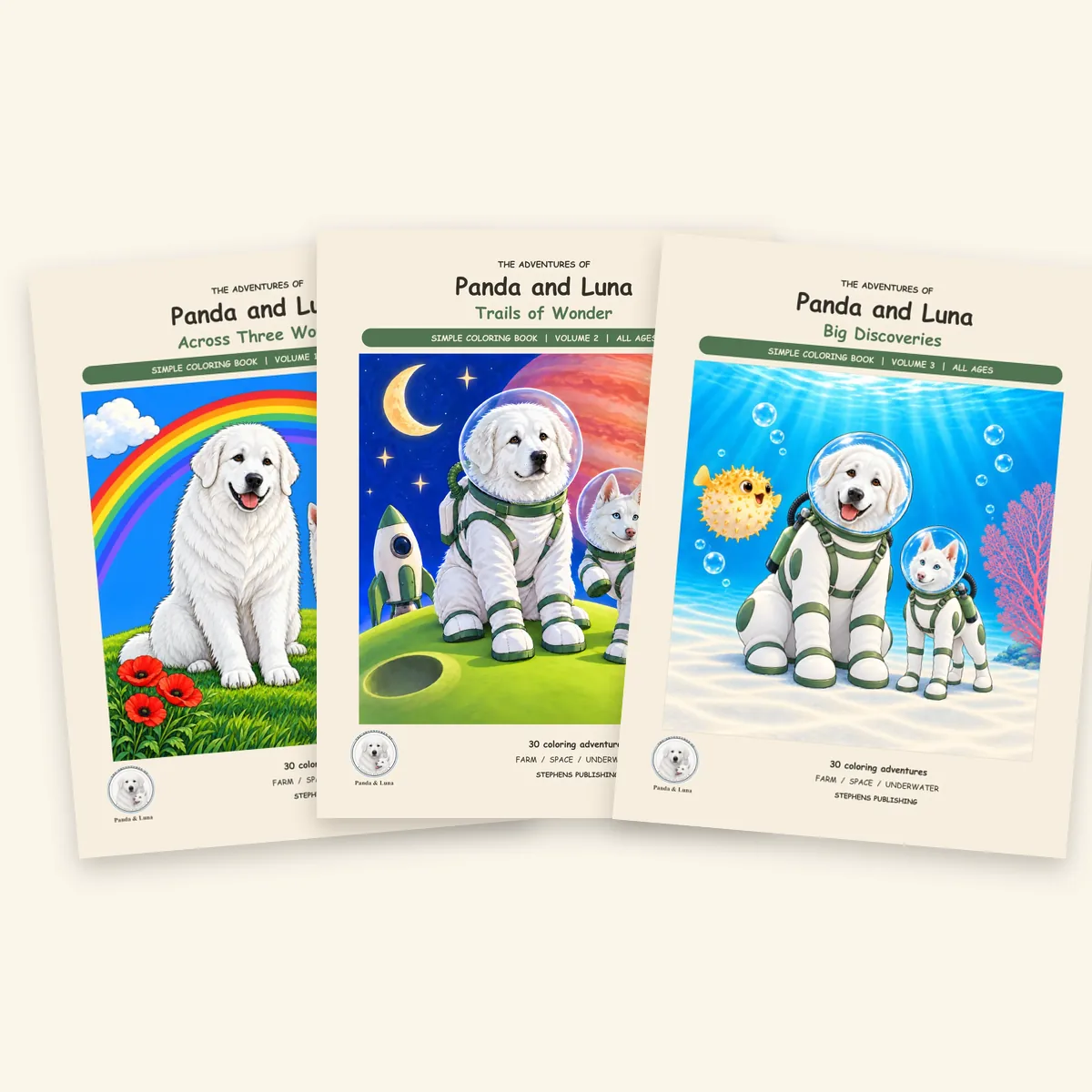 All three Simple Panda and Luna coloring books, Vols. 1–3, side by side.
