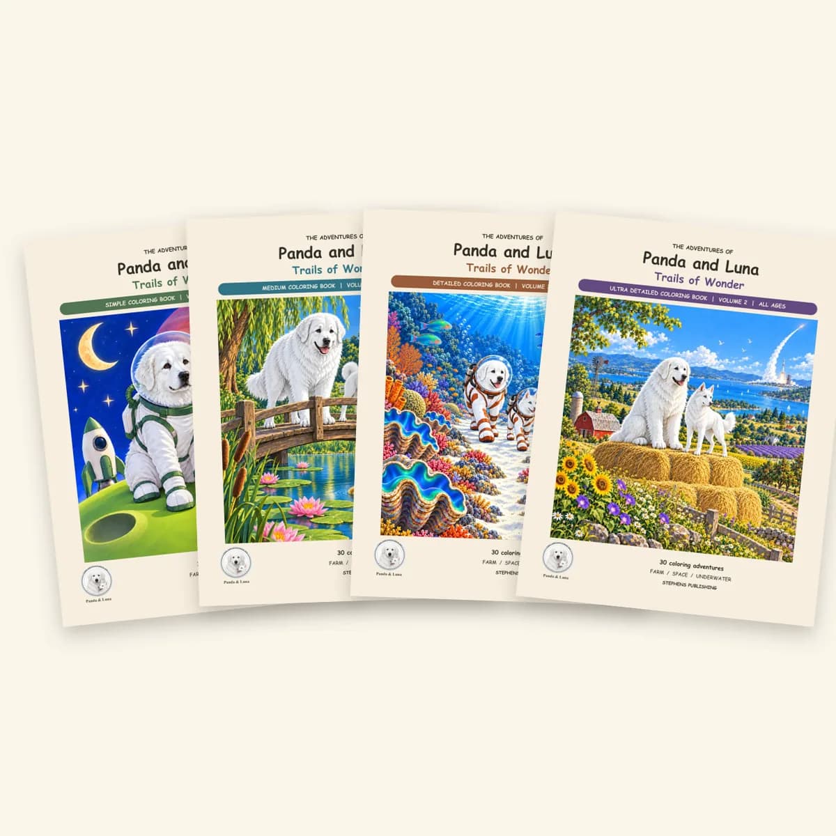 Four Trails of Wonder coloring books, Simple to Ultra Detailed, side by side.