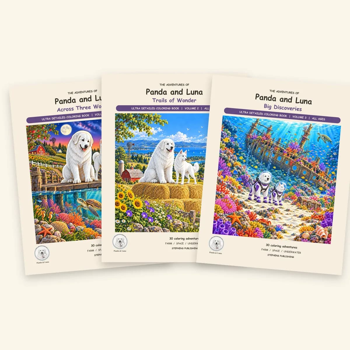 All three Ultra Detailed Panda and Luna coloring books, Vols. 1–3, side by side.