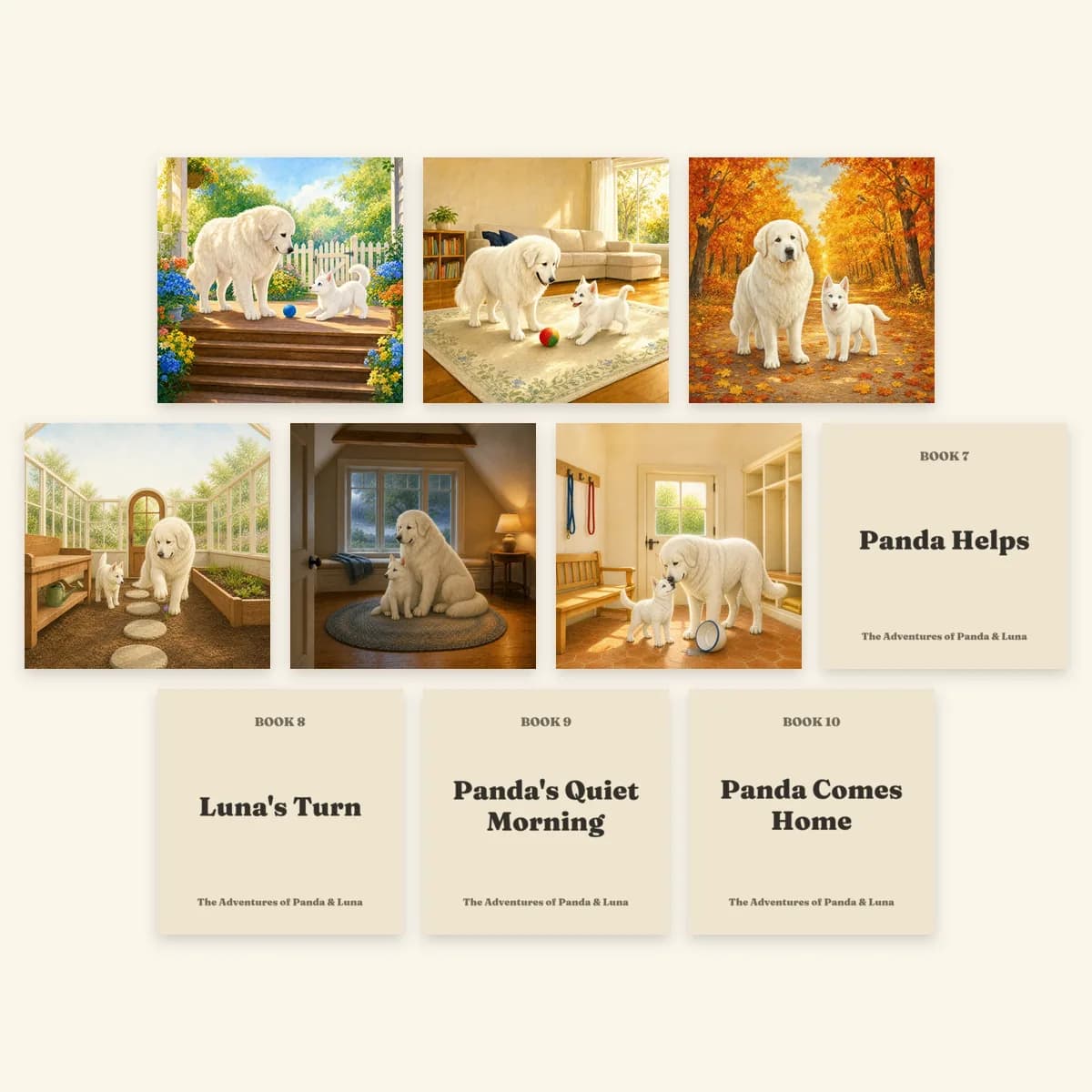 The ten Panda and Luna books for ages 0–2 lined up together.