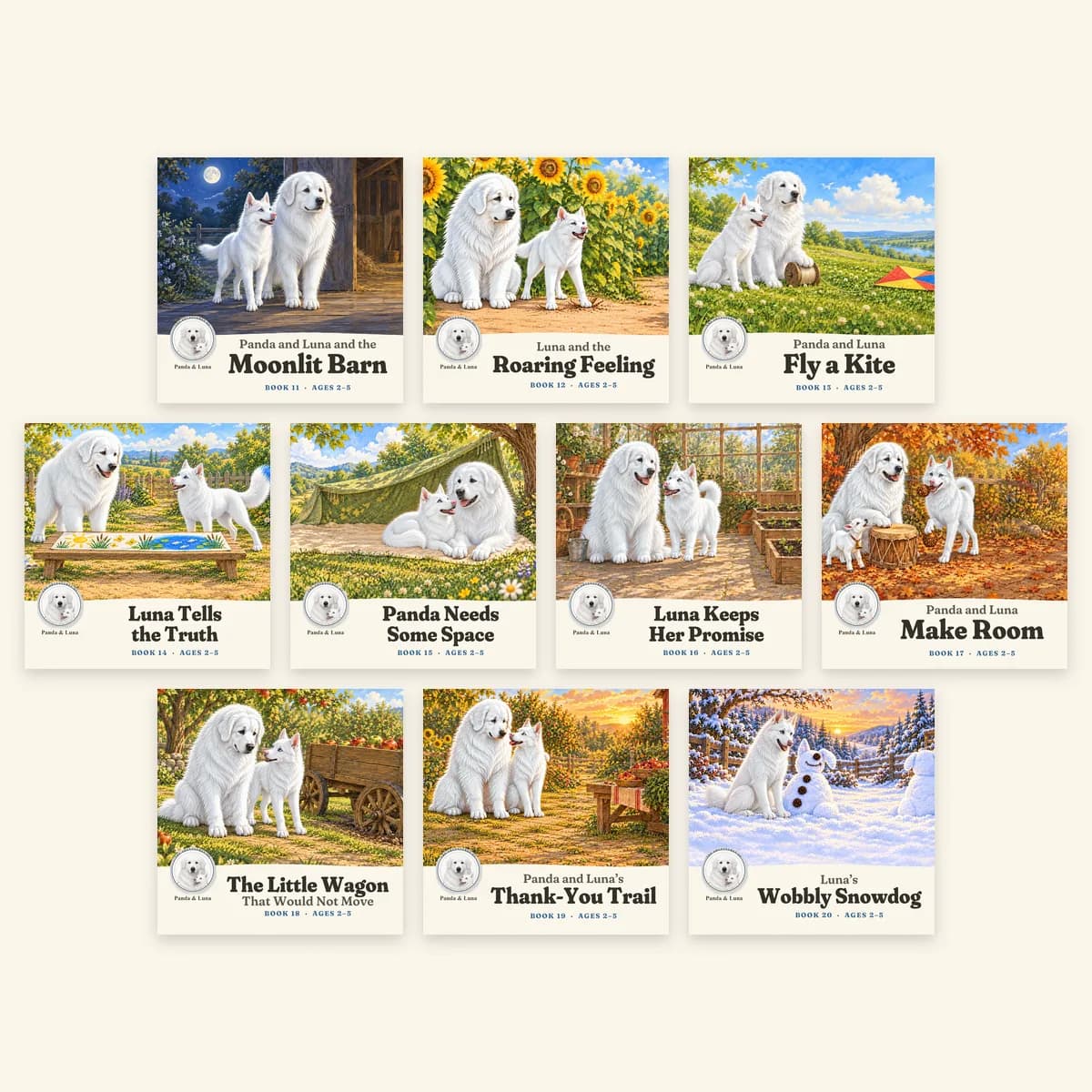 The ten Panda and Luna books for ages 2–5 lined up together.