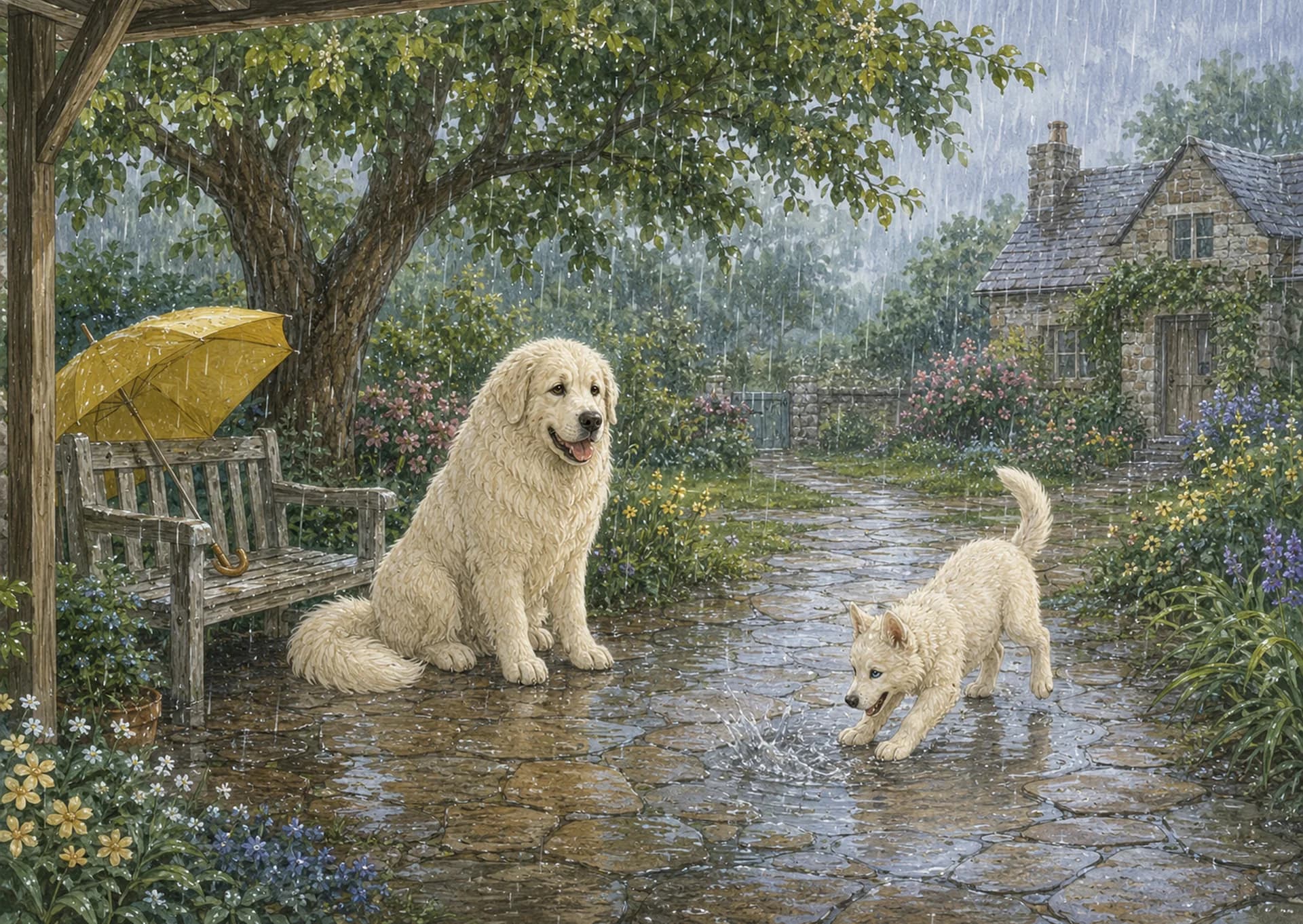 April: Luna splashes in a rainy puddle beside a yellow umbrella