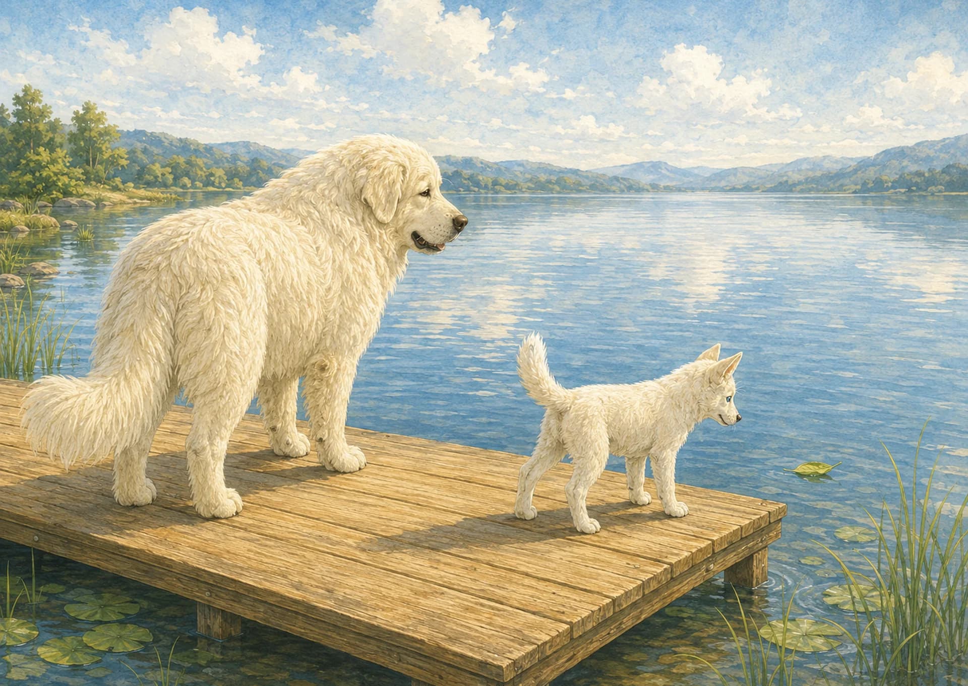 August: A wooden dock by a calm lake