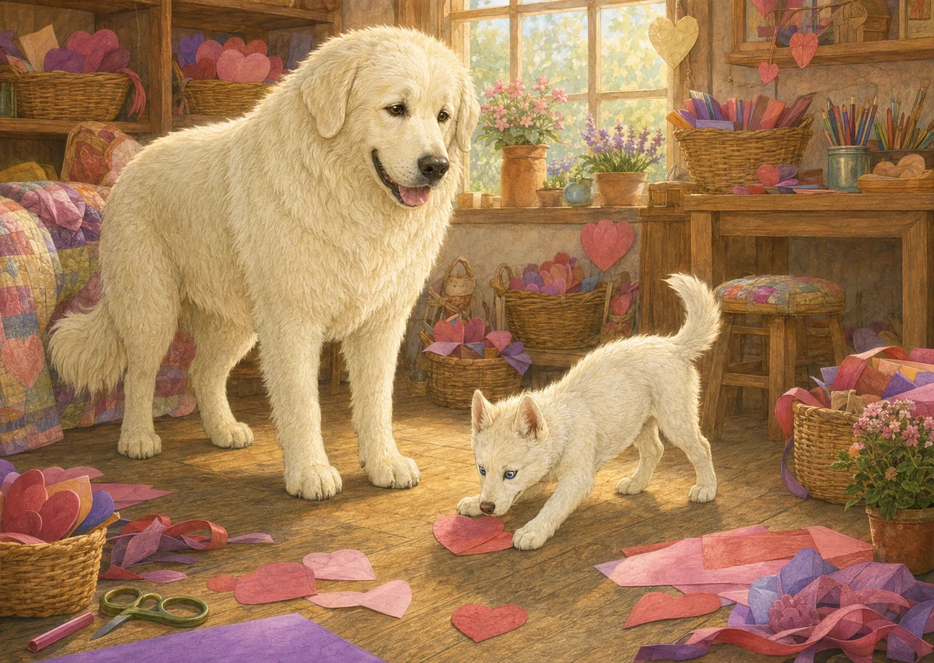 February: Luna with paper hearts in a craft room