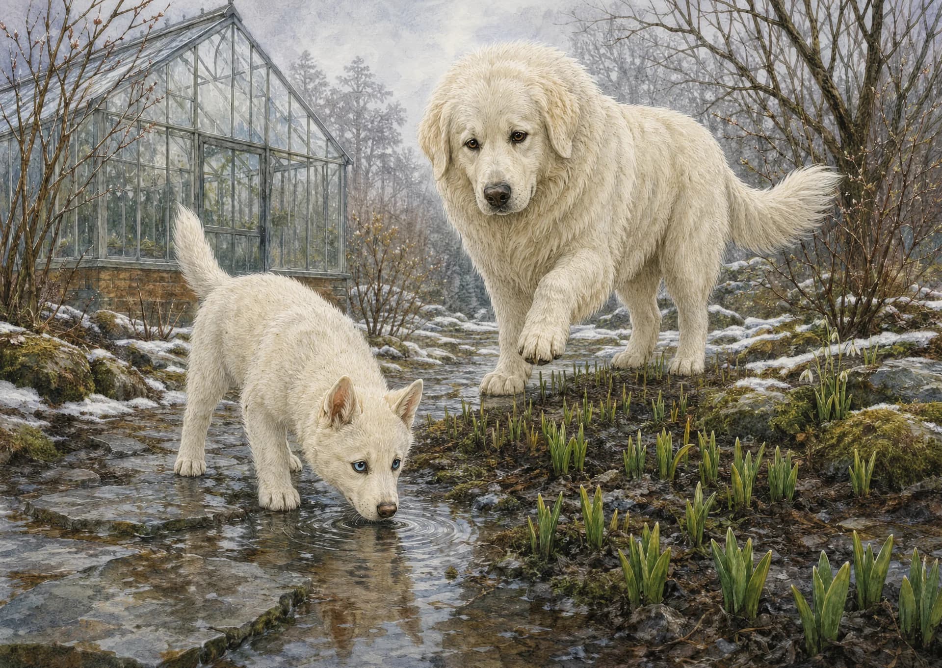 March: Luna sniffs a thaw puddle by the greenhouse