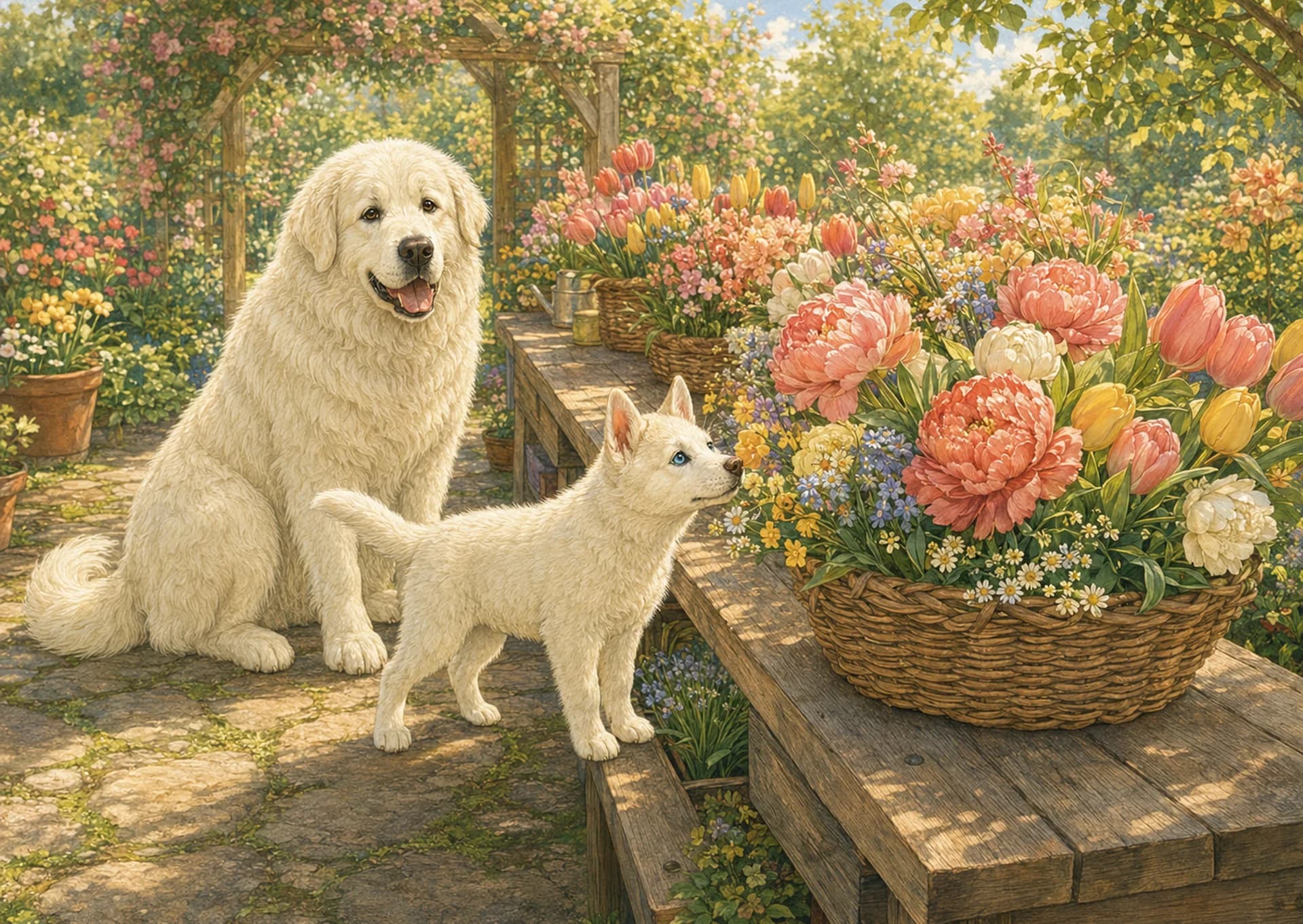 May: A basket of spring flowers on a garden bench