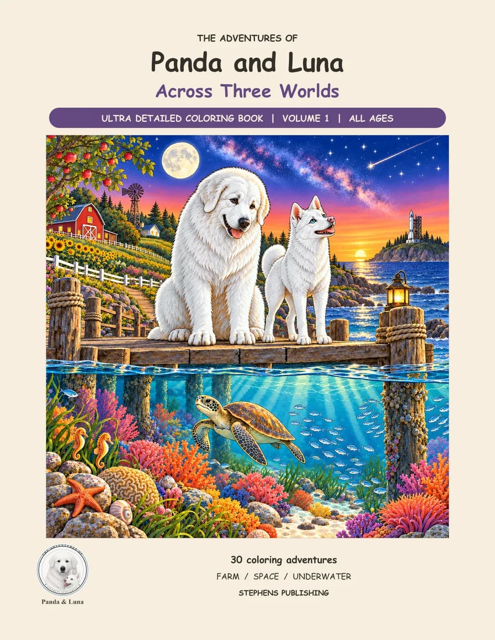 Front cover, Ultra Detailed Vol. 1: Panda the Great Pyrenees and Luna the white husky on a dock at dusk above a coral reef.