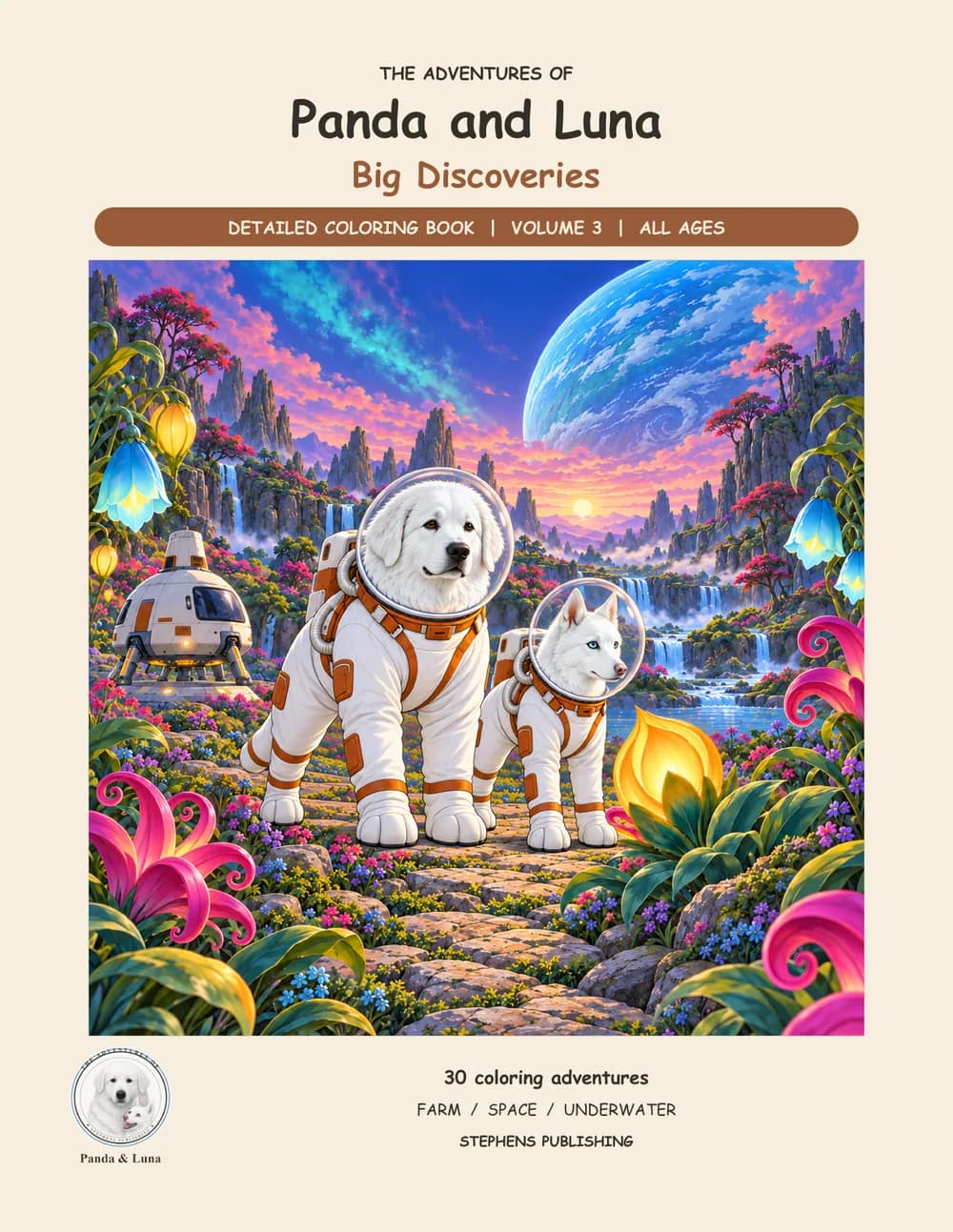 Front cover, Detailed Vol. 3: Panda the Great Pyrenees and Luna the white husky in space suits among giant glowing flowers.
