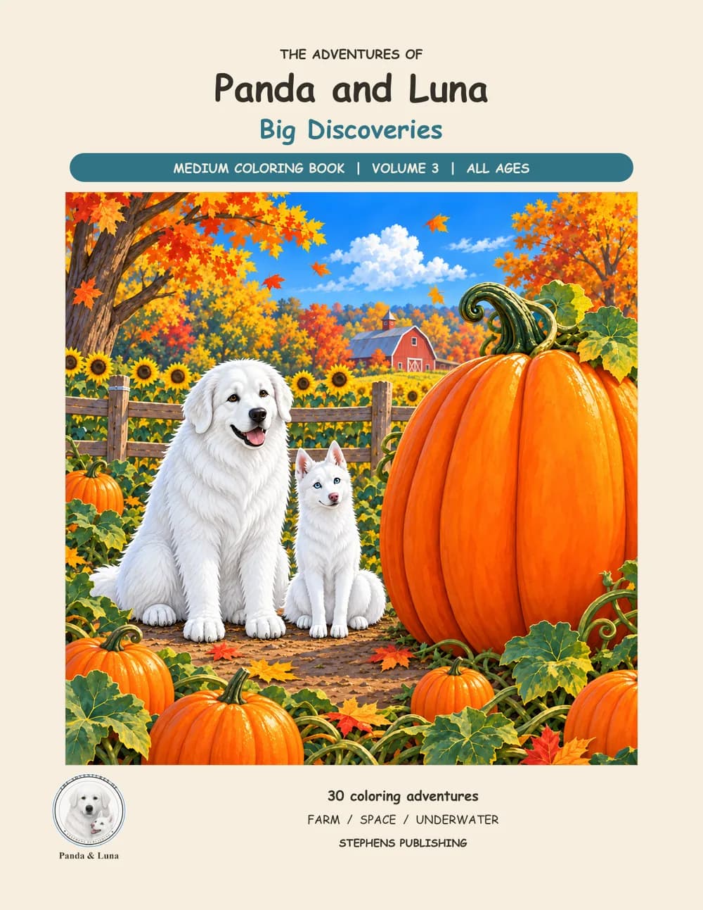 Front cover, Medium Vol. 3: Panda the Great Pyrenees and Luna the white husky sit by a giant pumpkin in a pumpkin patch.