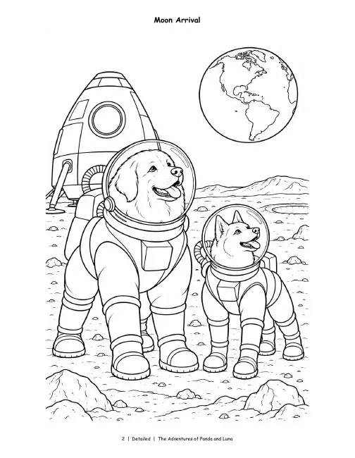 Detailed page, Vol. 1: Panda and Luna in space suits by a rocket, Earth in the sky, in rich detail.