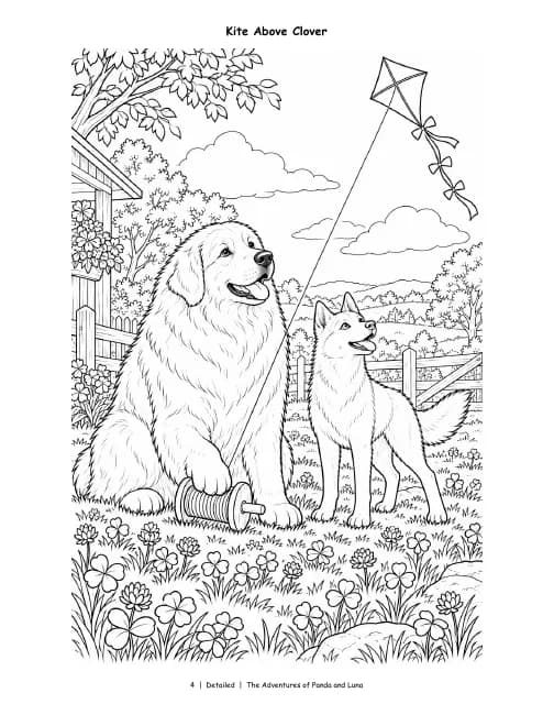 Detailed page, Vol. 1: Panda and Luna watch a kite sail over a clover field, in rich detail.