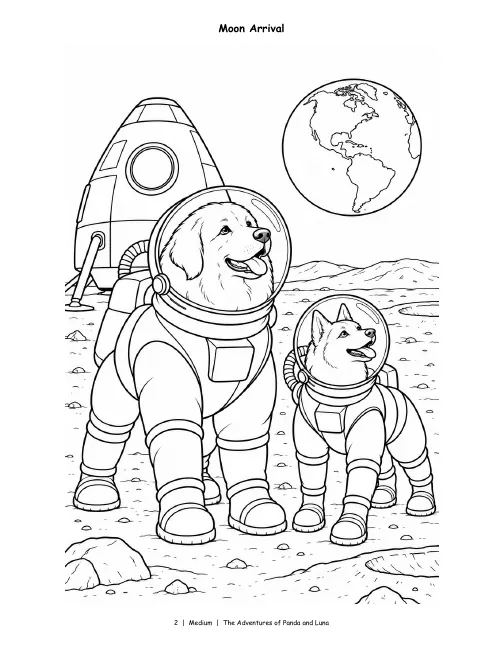 Medium page, Vol. 1: Panda and Luna in space suits by a rocket, Earth in the sky, with some scenery.