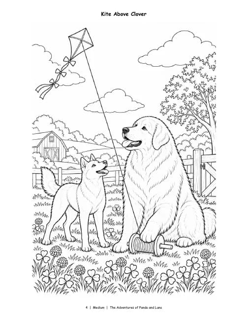 Medium page, Vol. 1: Panda and Luna watch a kite sail over a clover field, with some scenery.