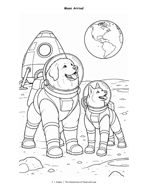 Simple page, Vol. 1: Panda and Luna in space suits by a rocket, Earth in the sky, bold and simple.