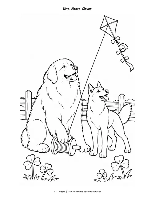 Simple page, Vol. 1: Panda and Luna watch a kite sail over a clover field, bold and simple.
