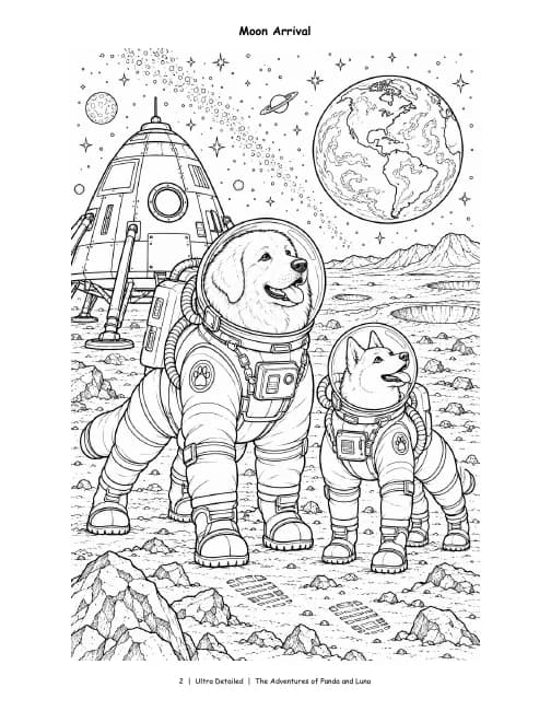 Ultra Detailed page, Vol. 1: Panda and Luna in space suits by a rocket, Earth in the sky, in dense, intricate detail.