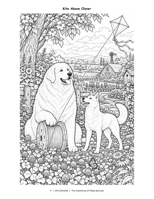 Ultra Detailed page, Vol. 1: Panda and Luna watch a kite sail over a clover field, in dense, intricate detail.