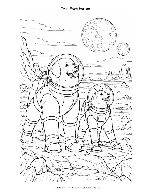 Detailed page, Vol. 3: Panda and Luna in space suits under two moons, in rich detail.
