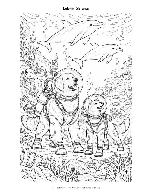 Detailed page, Vol. 3: Panda and Luna in diving helmets as two dolphins swim overhead, in rich detail.
