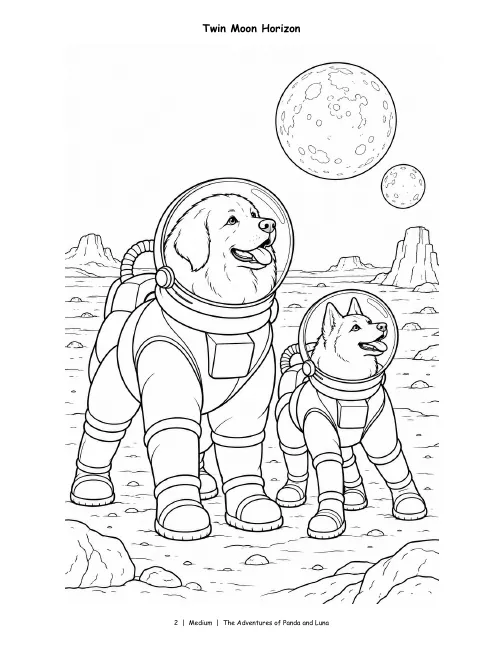 Medium page, Vol. 3: Panda and Luna in space suits under two moons, with some scenery.