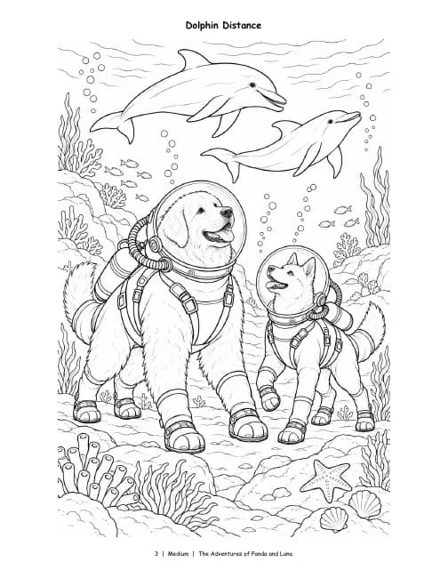 Medium page, Vol. 3: Panda and Luna in diving helmets as two dolphins swim overhead, with some scenery.