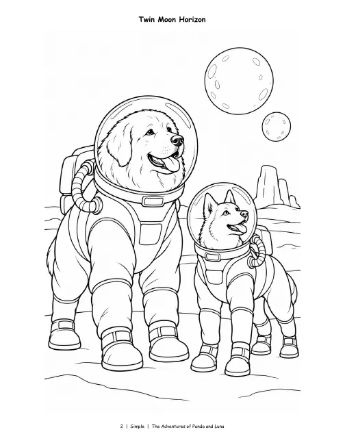 Simple page, Vol. 3: Panda and Luna in space suits under two moons, bold and simple.