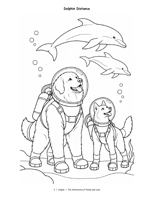 Simple page, Vol. 3: Panda and Luna in diving helmets as two dolphins swim overhead, bold and simple.