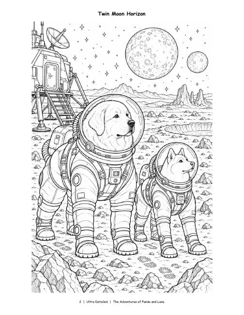 Ultra Detailed page, Vol. 3: Panda and Luna in space suits under two moons, in dense, intricate detail.