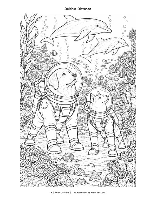 Ultra Detailed page, Vol. 3: Panda and Luna in diving helmets as two dolphins swim overhead, in dense, intricate detail.