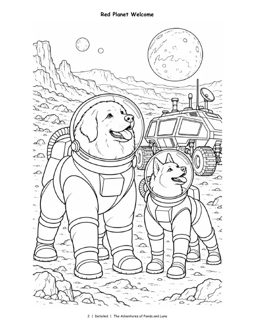 Detailed page, Vol. 2: Panda and Luna in space suits meet a rover on a red planet, in rich detail.
