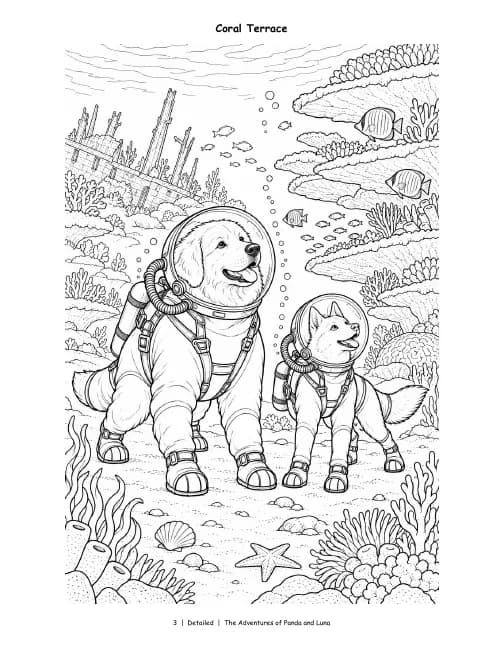 Detailed page, Vol. 2: Panda and Luna in diving helmets pass coral and a sea turtle, in rich detail.