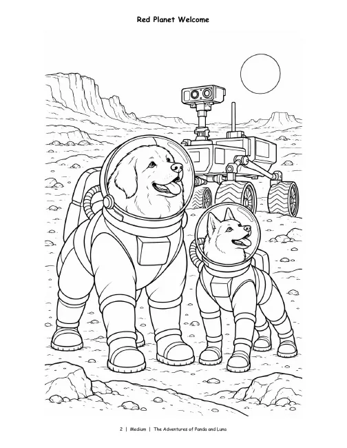 Medium page, Vol. 2: Panda and Luna in space suits meet a rover on a red planet, with some scenery.