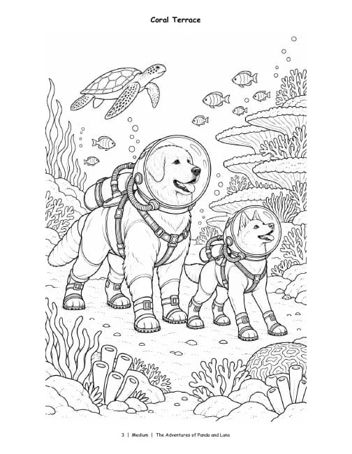 Medium page, Vol. 2: Panda and Luna in diving helmets pass coral and a sea turtle, with some scenery.