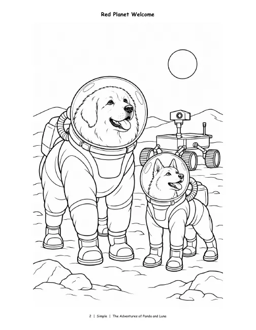 Simple page, Vol. 2: Panda and Luna in space suits meet a rover on a red planet, bold and simple.