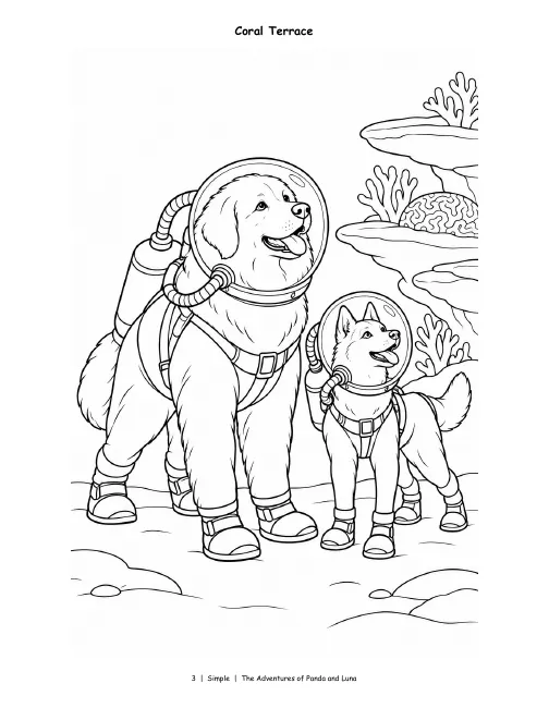 Simple page, Vol. 2: Panda and Luna in diving helmets pass coral and a sea turtle, bold and simple.