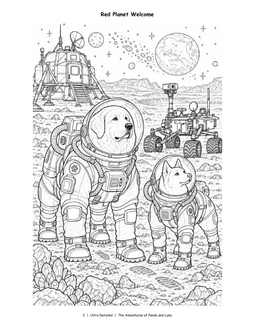 Ultra Detailed page, Vol. 2: Panda and Luna in space suits meet a rover on a red planet, in dense, intricate detail.