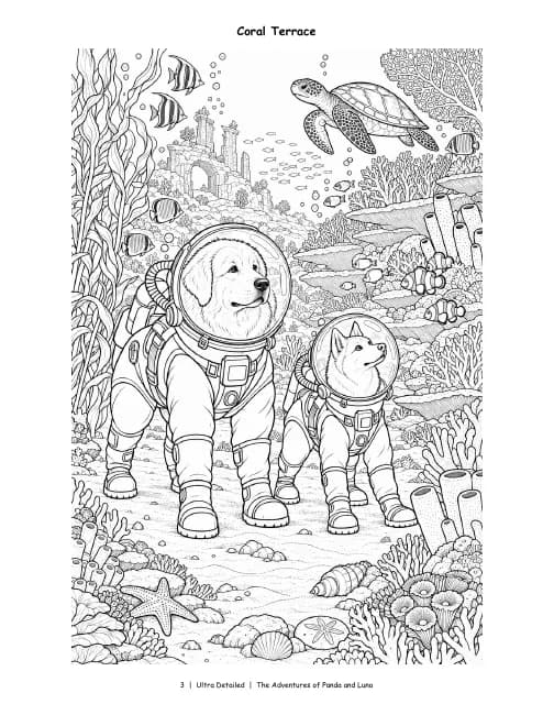 Ultra Detailed page, Vol. 2: Panda and Luna in diving helmets pass coral and a sea turtle, in dense, intricate detail.